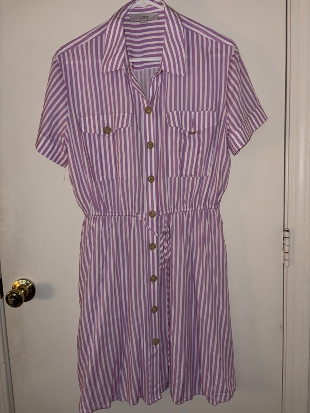 LOFT Lilac and White Striped Button-Front Dress
